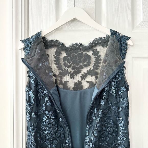 Tadashi Shoji Teal Sequin Illusion Sheath Knee Length Pailette Cocktail Dress 8 - Picture 13 of 13